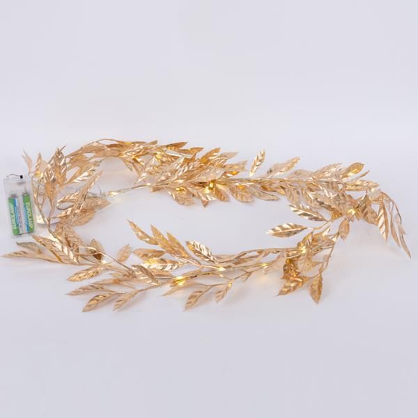 ΦΩΤΙΖΟΜΕΝΗ ΓΙΡΛΑΝΤΑ ME ΧΡΥΣΑ ΦΥΛΛΑ ΕΛΙΑΣ 150cm, 30 ΘΕΡΜΑ ΛΕΥΚΑ MINI LED, ΜΠΑΤΑΡΙΑΣ 2XAA, ΠΡΟΕΚΤΑΣΗ ΠΑΡΟΧΗΣ 50cm, IP20 Eurolamp 600-22549