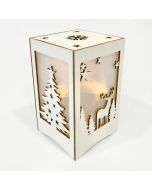 Φαναράκι Ξύλινο 10*10*16,5 εκ. με Χριστουγεννιάτικα σχέδια Φωτιζόμενο 5 Led Warm White  Θερμό Λευκό Merry Christmas 600-40184
