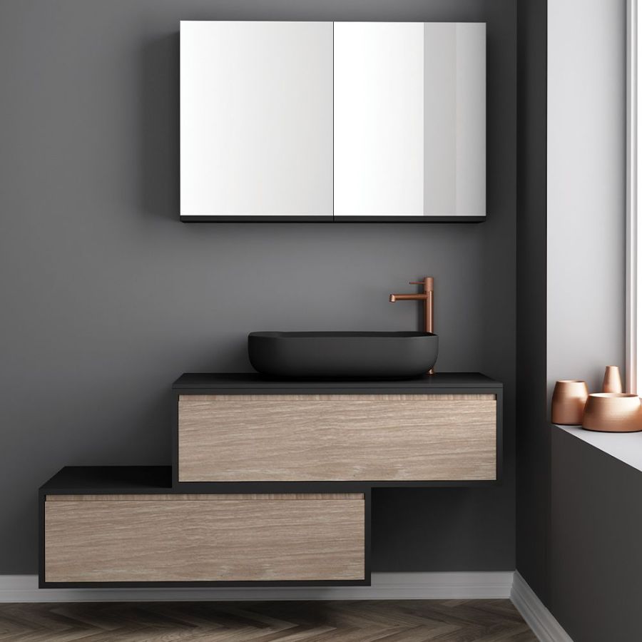 Κρεμαστό Έπιπλο Μπάνιου 150x45x60cm Λευκή Ματ Επικάλυψη & Βάση με Συρτάρια Μελαμίνης (χωρίς καθρέπτη και νιπτήρα) Orabella Drawer Asymmetrical 100 F70216-70216