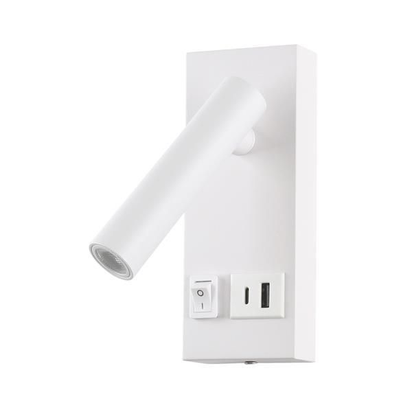 ΑΠΛΙΚΑ ΚΡΕΒΑΤΙΟΥ ΑΝΑΓΝΩΣΗΣ ΑΣΠΡΗ ΜΕ USB -TYPE C 2W 3000K 150X60X145mm  ARTE ILLUMINA CHARGE Eurolamp 145-22069