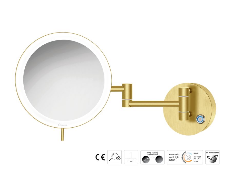 Sanco LED Cosmetic mirrors Μεγεθυντικός καθρέπτης x3 με LED PVD χρυσό ορείχαλκο βουρτσιστό MRLED-701-PVD-02BR