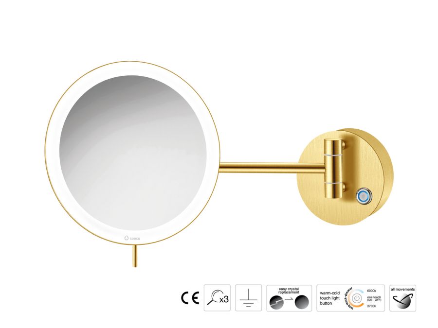 Sanco LED Cosmetic mirrors Μεγεθυντικός καθρέπτης x3 με LED PVD χρυσό ορείχαλκο βουρτσιστό MRLED-705-PVD-02BR