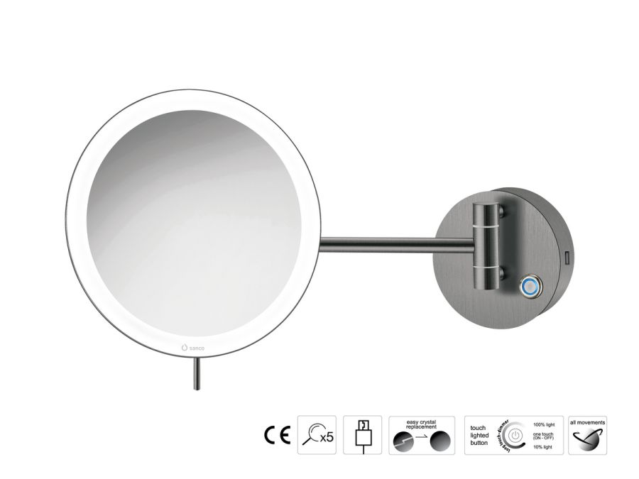 Sanco LED Cosmetic mirrors LED Καθρέπτης μεγεθυντικός x3 usb charging PVD gun metal βουρτσιστό MRLED-905-PVD-05BR