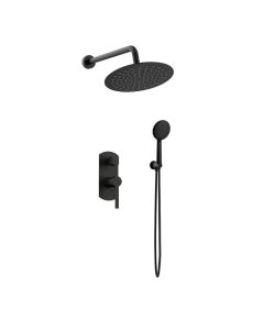 Orabella Elegance Black matt - Shower set εντοιχισμού με Μπαταρία λουτρού, εντοιχισμού 2 σημείων, κεφαλή Φ250 με βραχίονα και τηλέφωνο ντουζ με σπιράλ και επιτοίχειο στήριγμα 10270