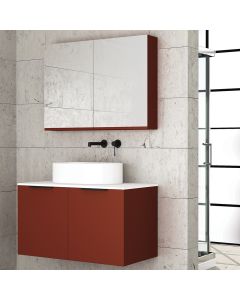 Orabella Solid Surface 90 με δύο Συρτάρια - Κρεμαστό Έπιπλο Μπάνιου για επικαθήμενο νιπτήρα και καθρέπτης ντουλάπι σε αποχρώσεις ξύλου με χρωμέ γραμμικά πόμολα F70244-70246,70106,W-90