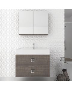 Orabella Touch 81 με δύο Συρτάρια - Κρεμαστό Έπιπλο Μπάνιου με πορσελάνινο νιπτήρα Tecla και καθρέπτη ντουλάπι σε αποχρώσεις ξύλου με χρωμέ γραμμικά πόμολα F70248-70249,70105,60167
