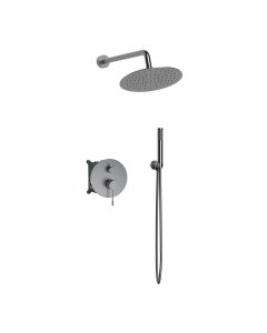 Orabella Terra Gun Metal Light - Shower set εντοιχισμού με Μπαταρία λουτρού, εντοιχισμού 2 σημείων, κεφαλή Φ250 με βραχίονα και τηλέφωνο ντουζ με σπιράλ και επιτοίχειο στήριγμα 10312