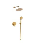 Orabella Preciosa Brushed gold - Shower set εντοιχισμού με Μπαταρία λουτρού, εντοιχισμού 2 σημείων, κεφαλή Φ250  με βραχίονα και τηλέφωνο ντουζ με σπιράλ και επιτοίχειο στήριγμα 10397