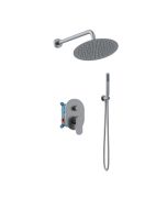 Orabella Aspen Gun metal light - Shower set εντοιχισμού με Μπαταρία λουτρού, εντοιχισμού 2 σημείων, κεφαλή Φ250 με βραχίονα και τηλέφωνο ντουζ με σπιράλ και επιτοίχειο στήριγμα 10452