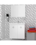 Orabella Vanity 80 Long - Έπιπλο Μπάνιου Επιδαπέδιο με πορσελάνινο νιπτήρα Ege και καθρέπτη ντουλάπι σε αποχρώσεις ξύλου με χρωμέ γραμμικά πόμολα 70128-70105,60156