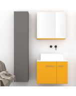 Orabella Solid Surface 70 με δύο Πόρτες - Κρεμαστό Έπιπλο Μπάνιου για επικαθήμενο νιπτήρα και καθρέπτης ντουλάπι σε αποχρώσεις ξύλου με χρωμέ γραμμικά πόμολα F60175-70157,70103,W-70