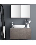 Orabella Solid Surface 100 με τέσσερα Συρτάρια - Κρεμαστό Έπιπλο Μπάνιου για επικαθήμενο νιπτήρα και καθρέπτης ντουλάπι σε αποχρώσεις ξύλου με χρωμέ γραμμικά πόμολα F60176-70162,70107,W-100