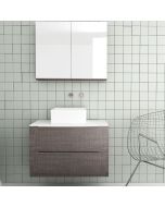 Orabella Solid Surface 80 με δύο Συρτάρια - Κρεμαστό Έπιπλο Μπάνιου για επικαθήμενο νιπτήρα και καθρέπτης ντουλάπι σε αποχρώσεις ξύλου με χρωμέ γραμμικά πόμολα F70242-70243,70105,W-80