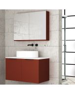 Orabella Solid Surface 90 με δύο Πόρτες - Κρεμαστό Έπιπλο Μπάνιου για επικαθήμενο νιπτήρα και καθρέπτης ντουλάπι σε αποχρώσεις ξύλου με χρωμέ γραμμικά πόμολα F70244-70244,70105,W-90