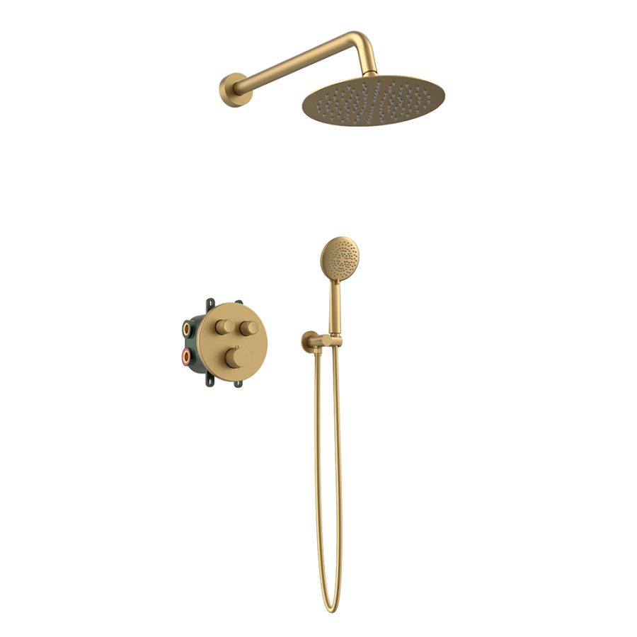 Orabella Terra|Preciosa Brushed Gold - Set εντοιχισμού, με θερμοστατική μπαταρία λουτρού 2 σημείων με στρόγγυλλη κεφαλή, βραχίονα, παροχή - στήριγμα και τηλέφωνο ντουζ με σπιράλ σε διάφορα χρώματα 10290
