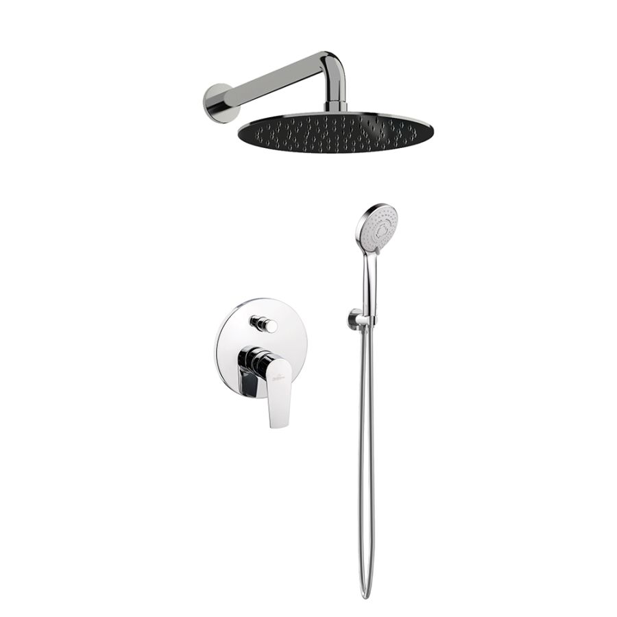 Orabella VK - Shower set εντοιχισμού με Μπαταρία λουτρού, εντοιχισμού 2 σημείων, κεφαλή Φ250 με βραχίονα και τηλέφωνο ντουζ με σπιράλ και επιτοίχειο στήριγμα 10298