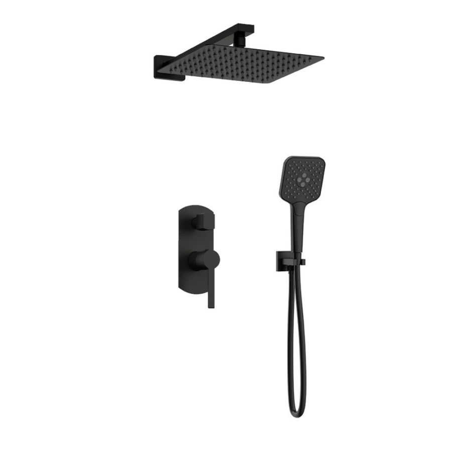 Orabella Elegance Black matt - Shower set εντοιχισμού με Μπαταρία λουτρού, εντοιχισμού 2 σημείων, κεφαλή 250x250 με βραχίονα και τηλέφωνο ντουζ με σπιράλ και επιτοίχειο στήριγμα 10305