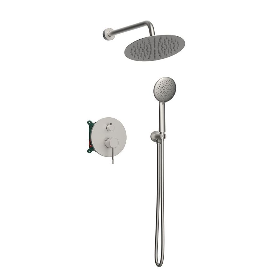 Orabella Terra Brushed nickel - Shower set εντοιχισμού με Μπαταρία λουτρού, εντοιχισμού 2 σημείων, κεφαλή Φ250 με βραχίονα και τηλέφωνο ντουζ με σπιράλ και επιτοίχειο στήριγμα 10318