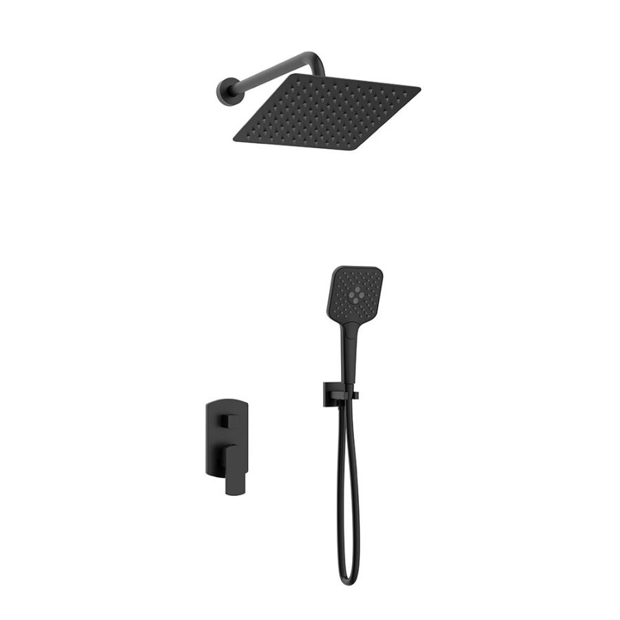 Orabella Ardesia Black matt - Shower set εντοιχισμού με Μπαταρία λουτρού, εντοιχισμού 2 σημείων, κεφαλή 250x250 με βραχίονα και τηλέφωνο ντουζ με σπιράλ και επιτοίχειο στήριγμα 10353