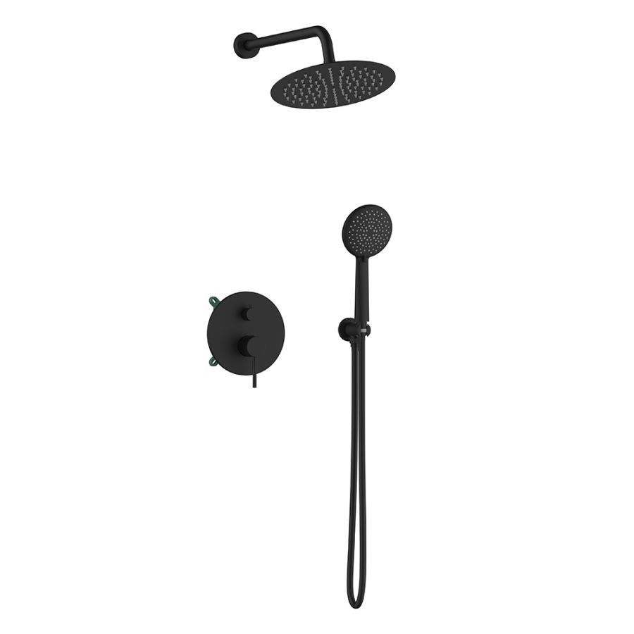 Orabella Preciosa Black matt - Shower set εντοιχισμού με Μπαταρία λουτρού, εντοιχισμού 2 σημείων, κεφαλή Φ250 με βραχίονα και τηλέφωνο ντουζ με σπιράλ και επιτοίχειο στήριγμα 10394
