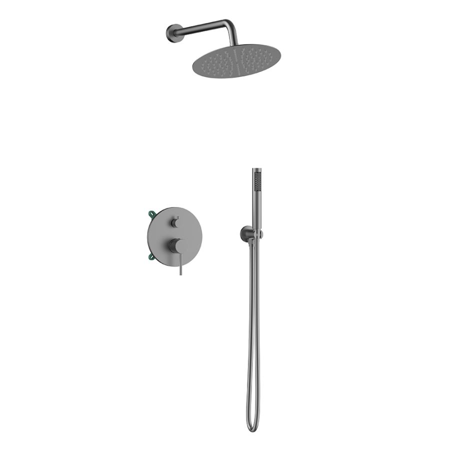 Orabella Preciosa Gun metal light - Shower set εντοιχισμού με Μπαταρία λουτρού, εντοιχισμού 2 σημείων, κεφαλή Φ250 με βραχίονα και τηλέφωνο ντουζ με σπιράλ και επιτοίχειο στήριγμα 10395