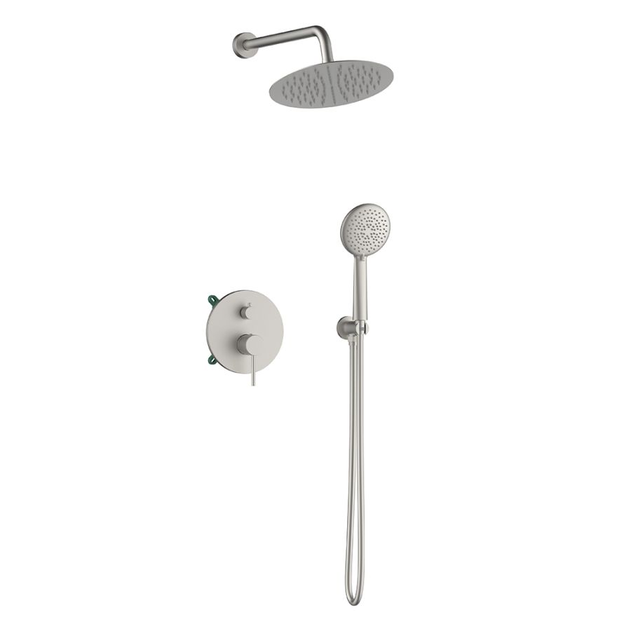Orabella Preciosa Brushed nickel - Shower set εντοιχισμού με Μπαταρία λουτρού, εντοιχισμού 2 σημείων, κεφαλή Φ250 με βραχίονα και τηλέφωνο ντουζ με σπιράλ και επιτοίχειο στήριγμα 10398