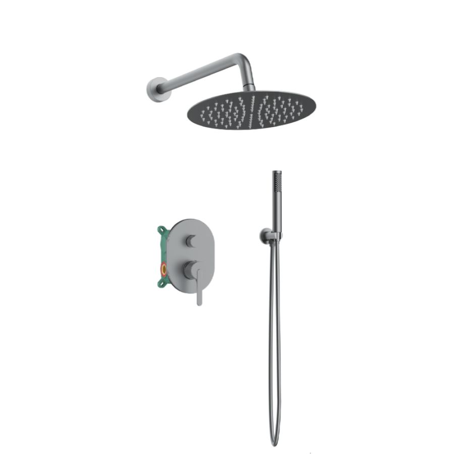 Orabella Marea Gun metal light - Shower set εντοιχισμού με Μπαταρία λουτρού, εντοιχισμού 2 σημείων, κεφαλή Φ250 με βραχίονα και τηλέφωνο ντουζ με σπιράλ και επιτοίχειο στήριγμα 10424