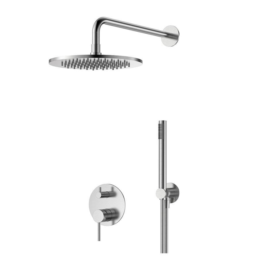 Orabella Steel 316 - Shower set εντοιχισμού με Μπαταρία λουτρού, εντοιχισμού 2 σημείων, κεφαλή Φ250 με βραχίονα και τηλέφωνο ντουζ με σπιράλ και επιτοίχειο στήριγμα 10491
