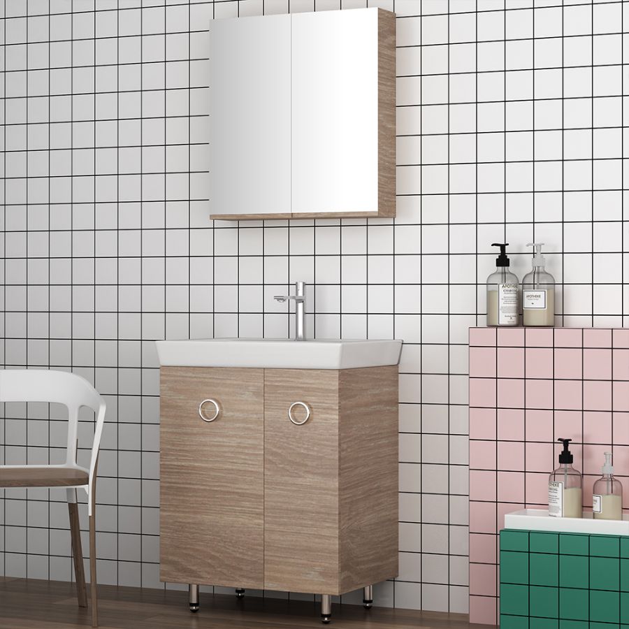 Orabella Vanity 65 Long - Έπιπλο Μπάνιου Επιδαπέδιο με πορσελάνινο νιπτήρα Ege και καθρέπτη ντουλάπι 70126-70102-60155