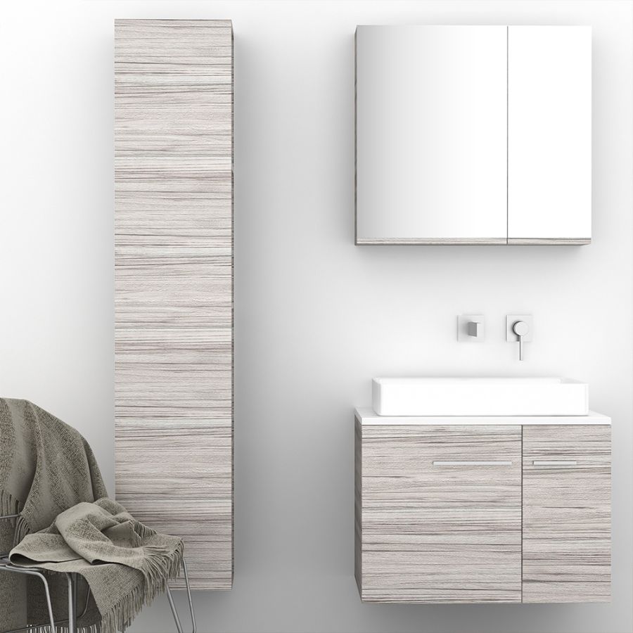 Orabella Solid Surface 70 με μια Πόρτα και δύο Συρτάρια - Κρεμαστό Έπιπλο Μπάνιου για επικαθήμενο νιπτήρα και καθρέπτης ντουλάπι F60175-70158-70103-70159