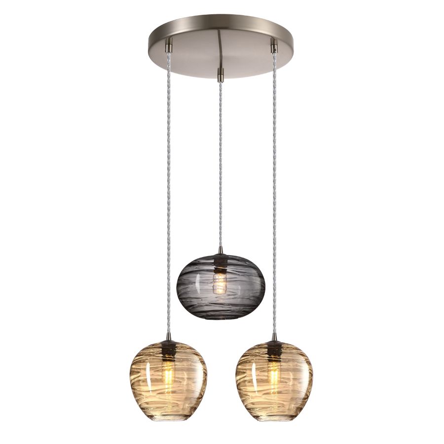 Φωτιστικό Κρεμαστό 40xΗ120cm Τρίφωτη Ροζέτα 3xE27 Νίκελ-Χειροποίητα Γυαλί Φιμέ-Μελί Sun Light LINEA-3R-GA 