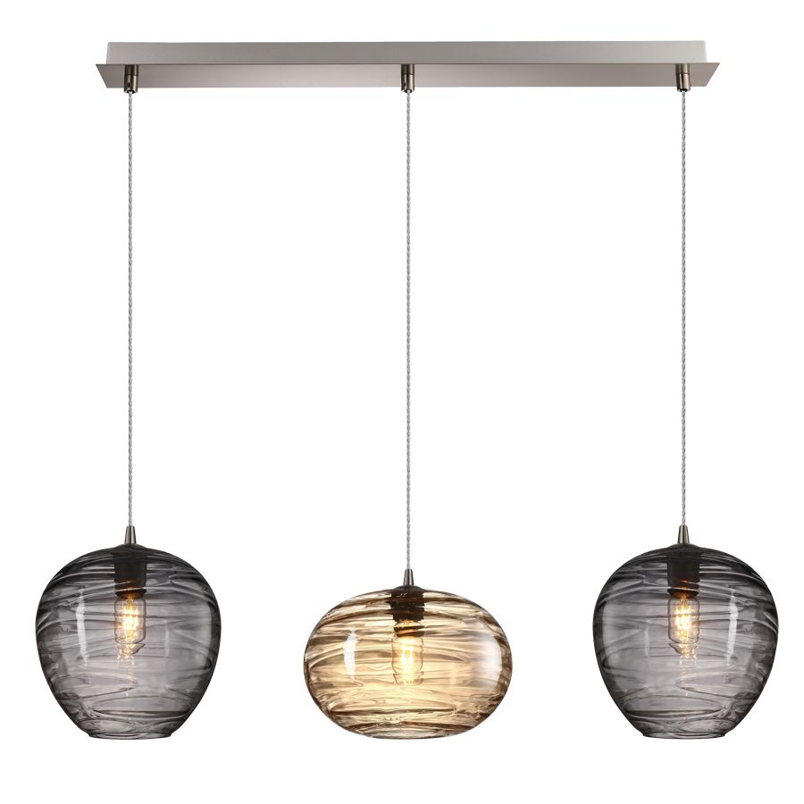 Φωτιστικό Κρεμαστό 90xΗ120cm Τρίφωτη Ράγα 3xE27 Νίκελ-Χειροποίητα Γυαλί Φιμέ-Μελί Sun Light LINEA-3S-GA 