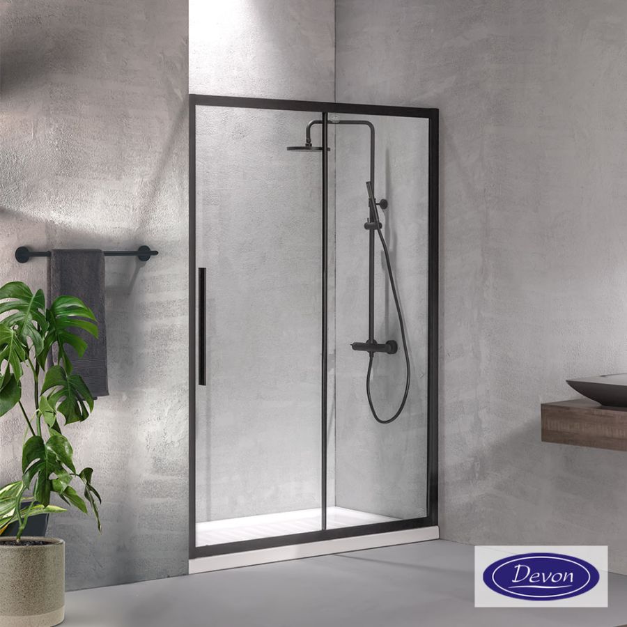 Συρόμενη πόρτα καμπίνας ντουζιέρας Flow 150 ύψους 195εκ.  ρυθμιζόμενη από 147 έως 151εκ. Devon Clean Glass Black Matt SLF150C-400