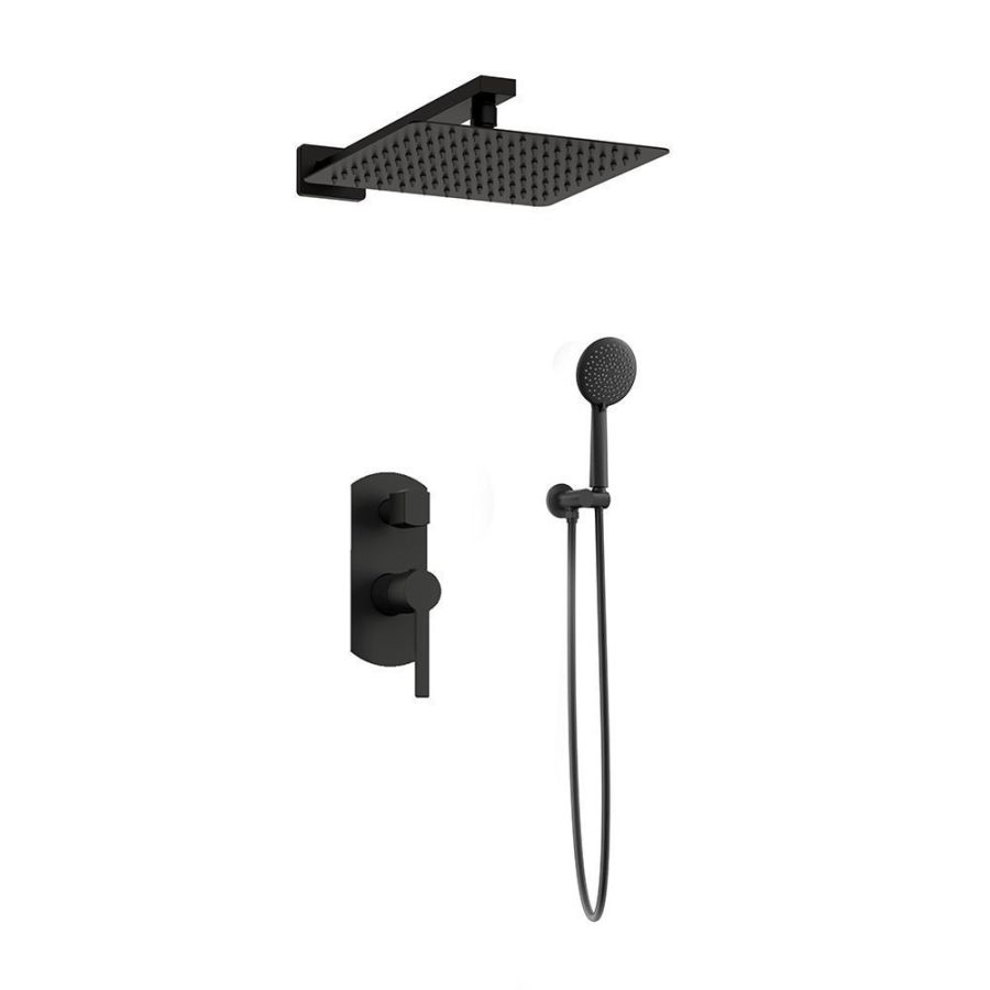 Orabella Elegance Black matt - Shower set εντοιχισμού με Μπαταρία λουτρού, εντοιχισμού 2 σημείων, κεφαλή 250x250 με βραχίονα και τηλέφωνο ντουζ με σπιράλ και επιτοίχειο στήριγμα 10305
