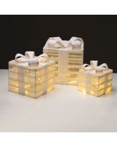 SET "WHITE GIFT BOX, BURLAP BOW" 75(15+25+35) WW LED  ΜΠΑΤ. 3*3ΑΑ IP20 17,23,28.5CM ACA X11751115